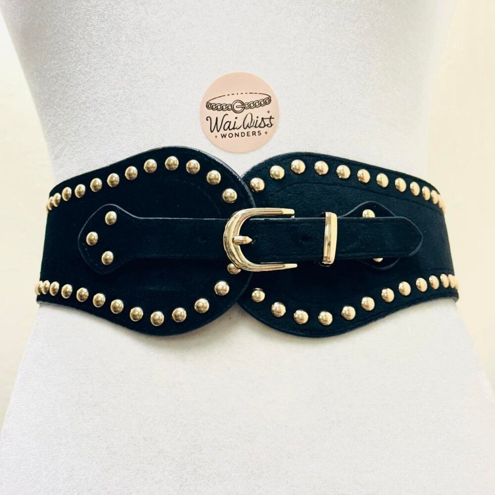 Y2K 2000s style Black leather corset belt with gold studs